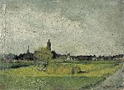 Theo van Doesburg, Landschap met hooikar, kerktorens en molen.